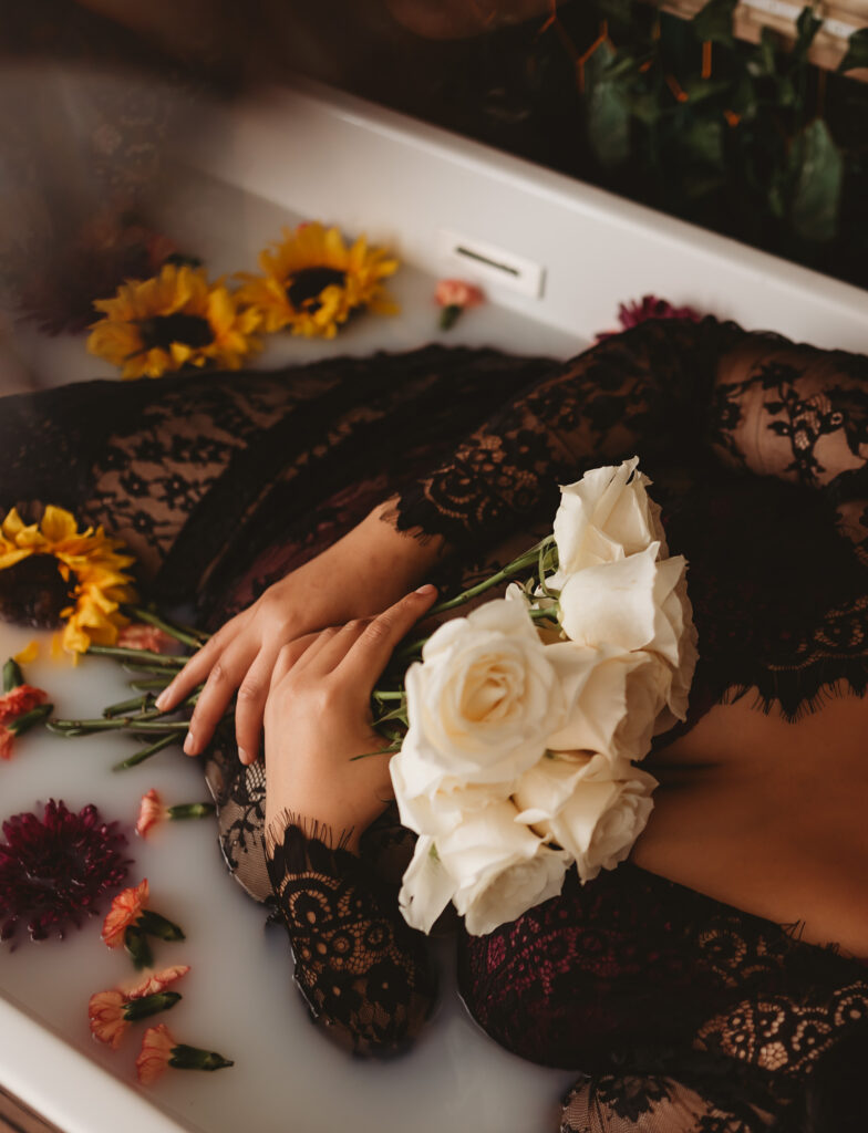 Close-up of delicate floral arrangement in oat milk bath, representing purity and eternal love for angel baby